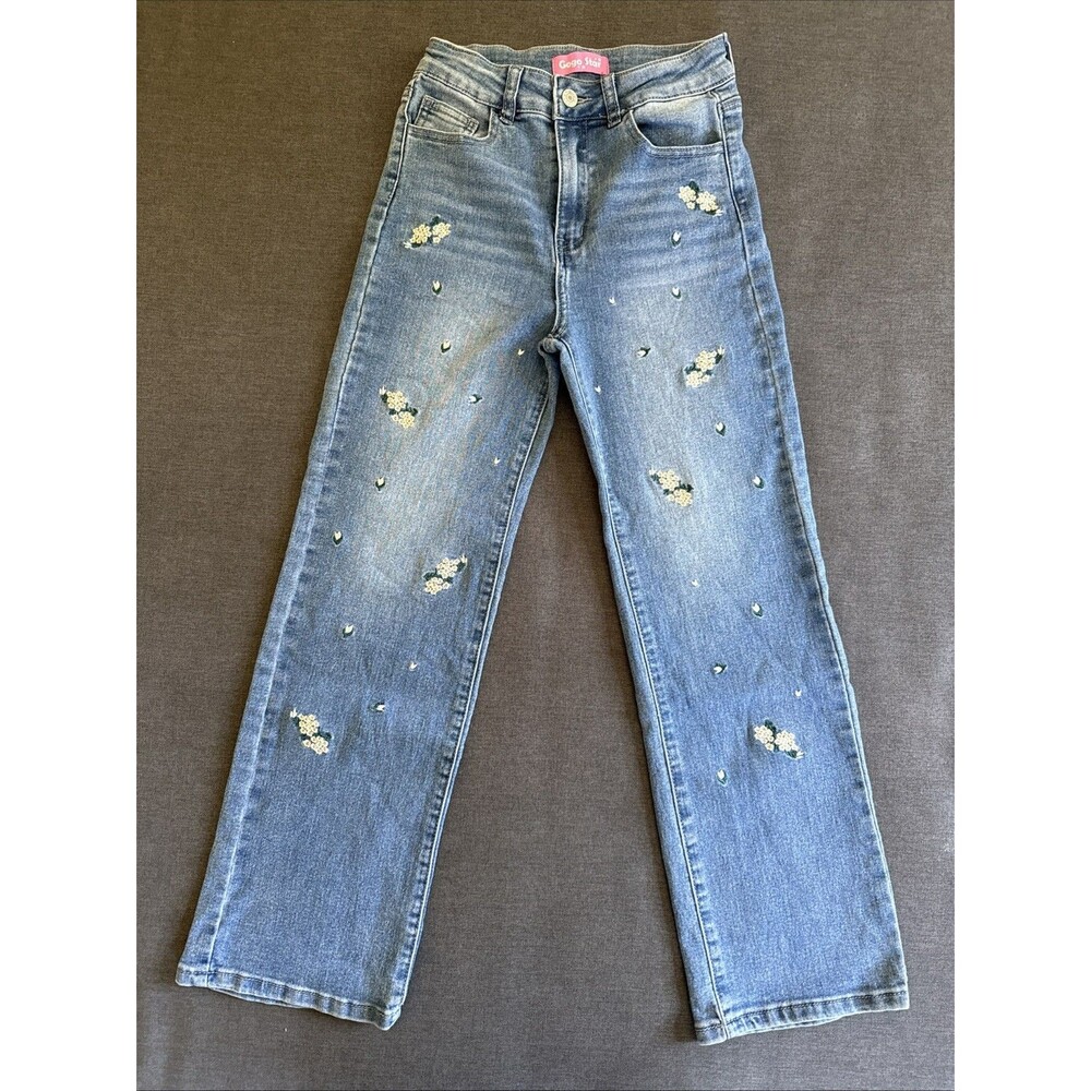 Gogo Star | Girls Size 12 Embroidered Baggy Wide Leg Blue Jeans Floral